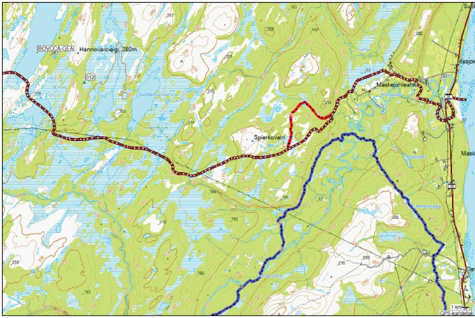 Forslag til ny trasé ved Masjok (merket med rødt) Endringsforslag fra Masjok bygdelag merket med rødt (merk at forslagene er