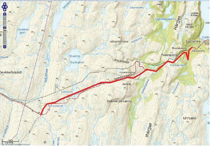 Løype 7: Strekning som utgår vist med rødt. Det er kommet inn forslag fra en brukergruppe på 24 personer om etablering av en ny løype fra Sjuršjohka til Sommervann-Geassejávri som erstatningsløype.