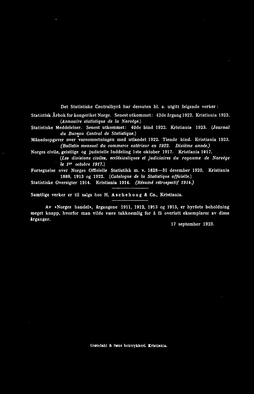 ) Fortegnelse over Norges Offisielle Statistikk m. v. 1828-31 desember 1920. Kristiania 1889, 1913 og 1922. (Catalogue de la Statistique officielle.) Statistiske Oversigter 1914. Kristiania 1914.