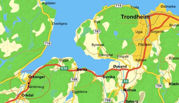 E39 Rundkjøring Bårdshaug A3 ORIENTERING A3-3 Anleggsområdet befinner seg i Orkdal kommune, ca 45 km fra Trondheim.