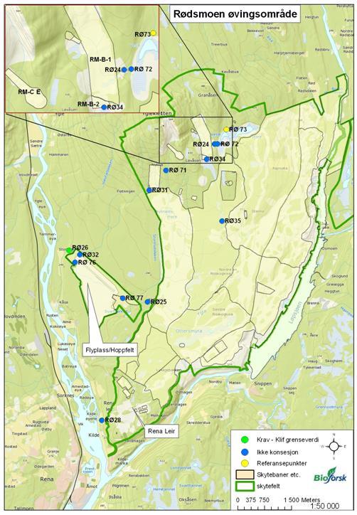 Figur 2. Kart som viser prøvepunkter ved Rødsmoen og Rena leir. GPS-koordinater gitt i vedl.