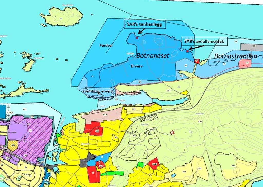 Figur 3.1. Utsnitt av kommunedelplanens arealdel som viser reguleringsformål og beliggenhet av SAR s etablerte anlegg Botnaneset. 4 NØDVENDIGE TILLATELSER OG TILTAK 4.