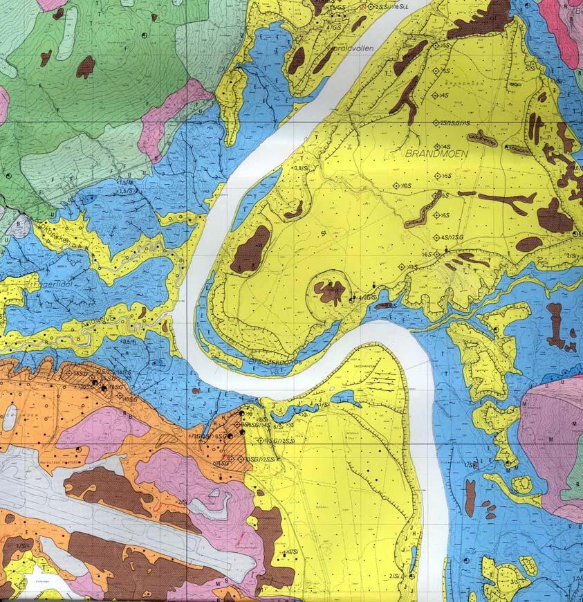 Hav- og fjordavsetninger Elveavsetninger Fjell Myr Breelveavsetninger Morene gul: