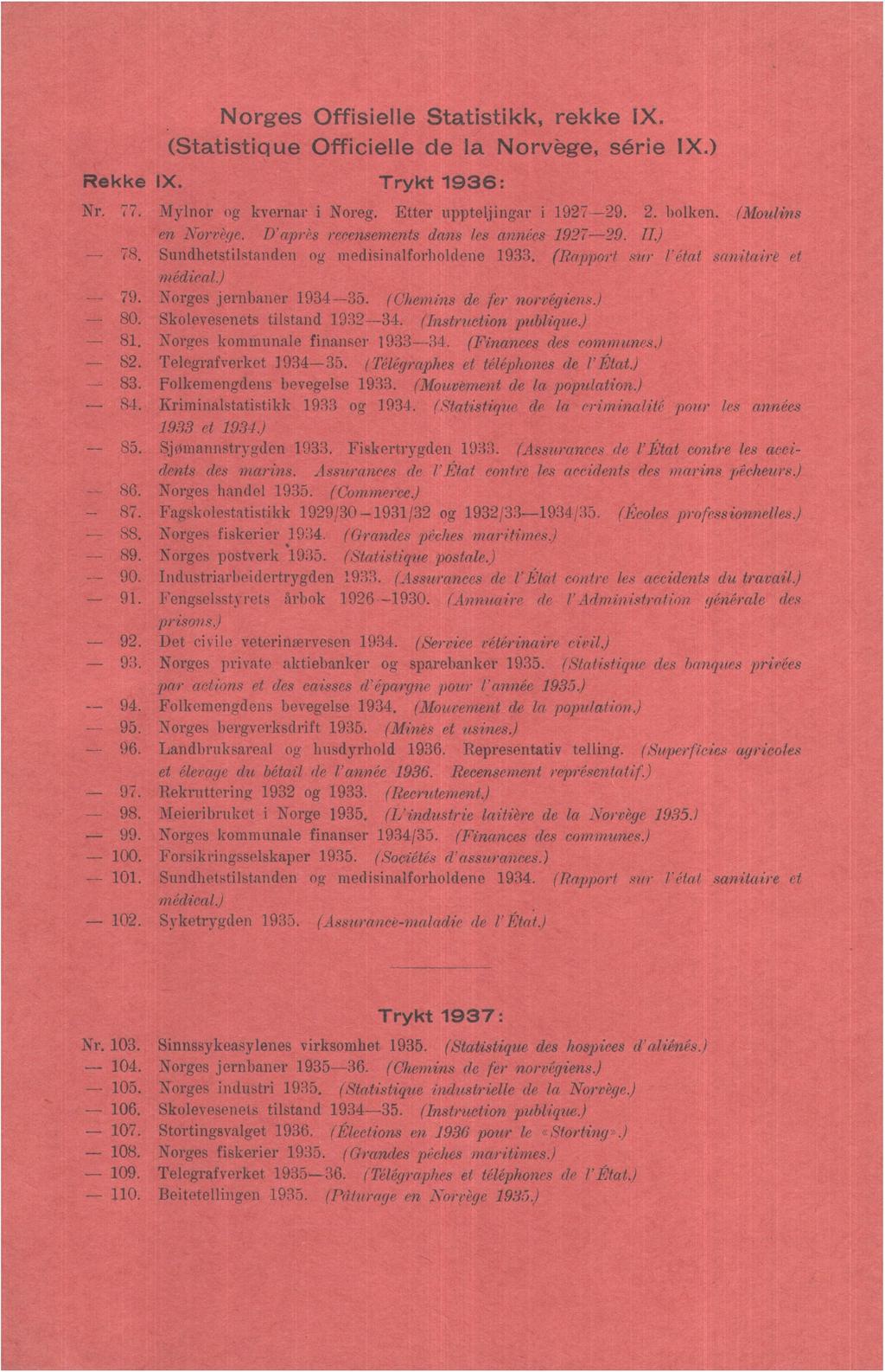 Norges Offisielle Statistikk, rekke IX. (Statistique Officielle de la Norvège, série IX.) Rekke IX. Trykt 96: Nr. 77. Mylnor og kvernar i Noreg. Etter uppteljingar i 97-9.. bolken.