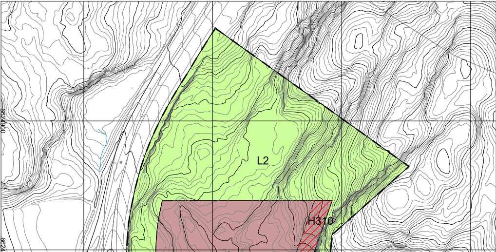 . Plankart for Detaljregulering for Lauareid næringsområde. Teiknforklaring: L1 og L2: LNF område. BSM: Steinbrot og masseuttak. H310: Omsynssone skredfare.