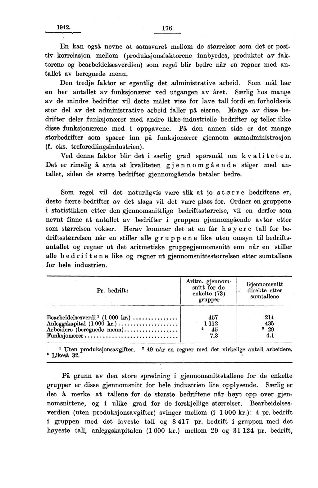 1942. 176 En kan også nevne at samsvaret mellom de størrelser som det er posttiv korrelasjon mellom (produksjonsfaktorene innbyrdes, produktet av faktorene og bearbeidelsesverdien) som regel blir