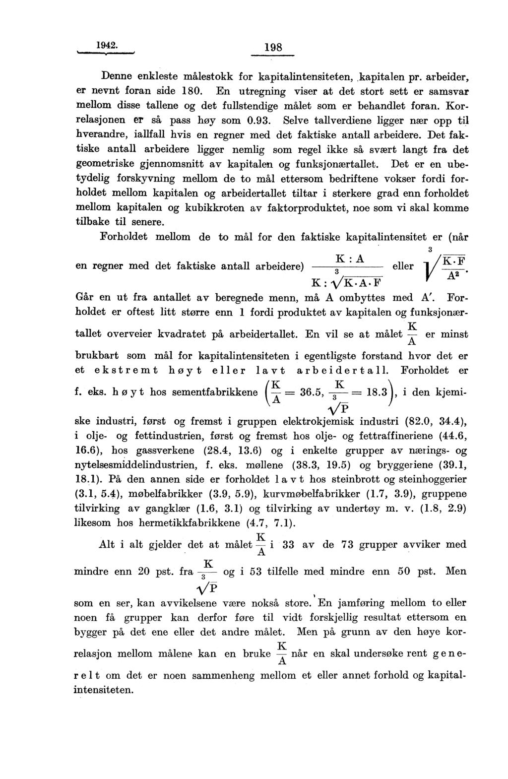 1942. 198 Denne enkleste målestokk for kapitalintensiteten,,kapitalen pr. arbeider, er nevnt foran side 180.