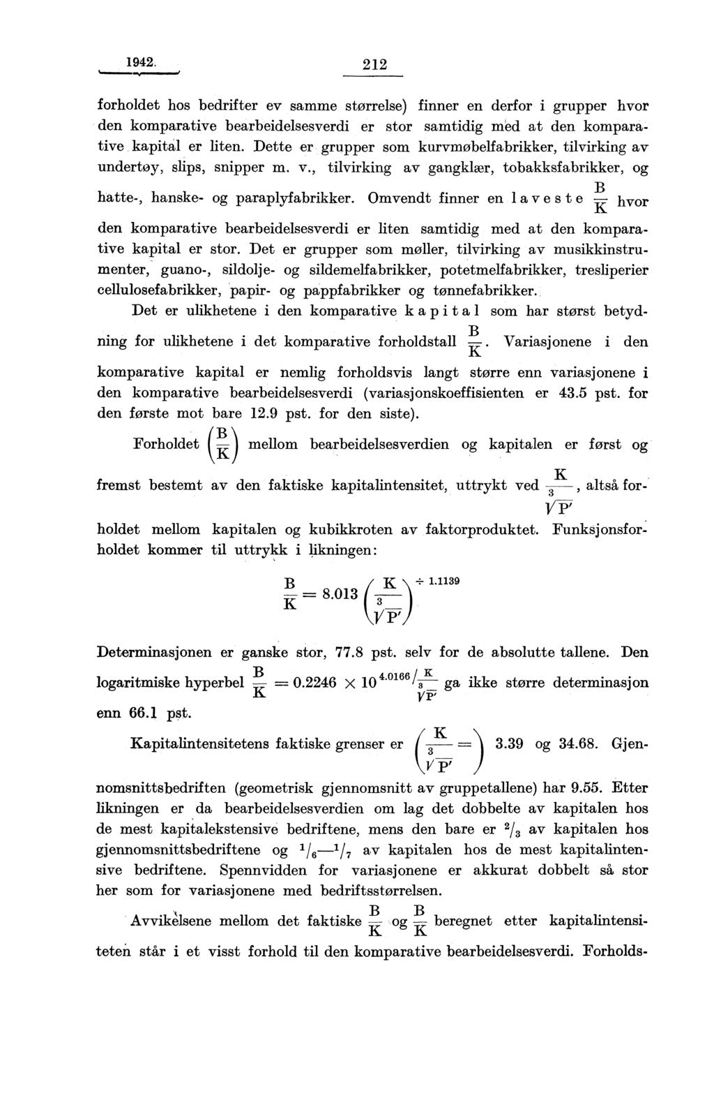 1942. 212 forholdet hos bedrifter ev samme størrelse) finner en derfor i grupper hvor den komparative bearbeidelsesverdi er stor samtidig med at den komparative kapital er liten.