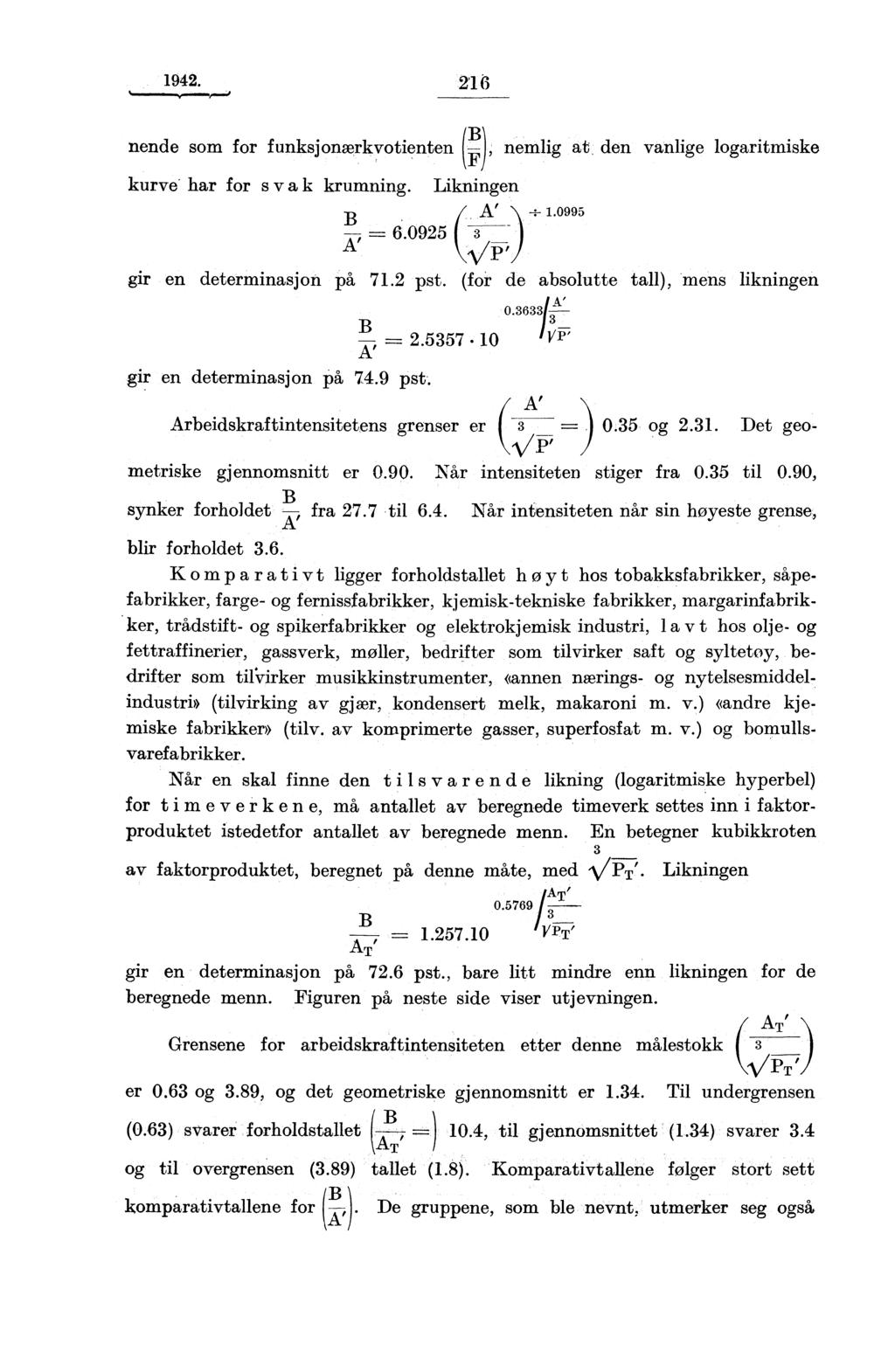 1942. 216 nende som for funksjonærkvotienten ( 1) nemlig at den F kurve har for svak krumning. Likningen B ( A' ). 1.0995 AT, = 6.0925 vanlige logaritmiske gir en determinasjon på 71.2 pst.