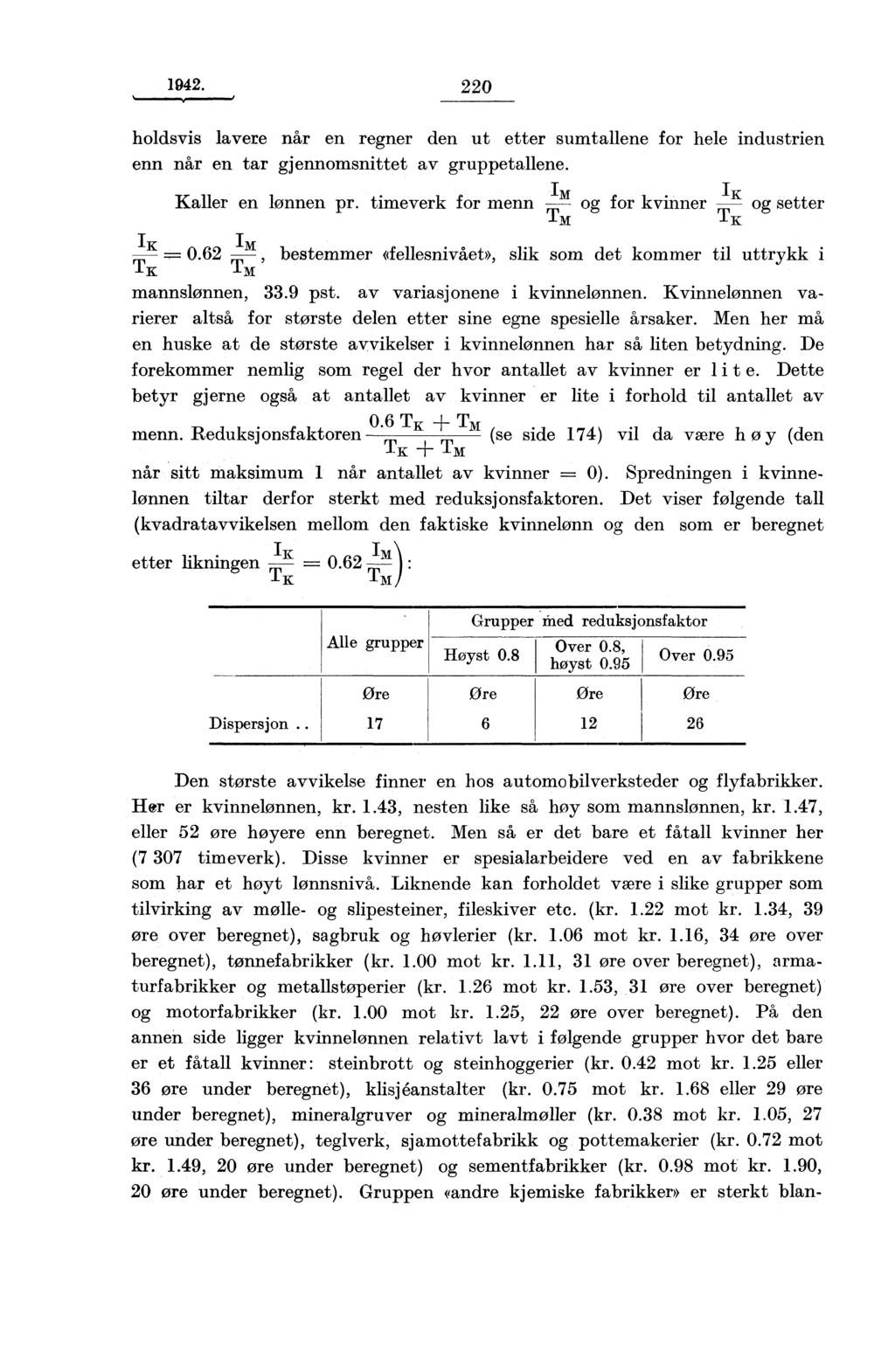 1942. 220 hold.svis lavere når en regner den ut etter sumtallene for hele industrien enn når en tar gjennomsnittet av gruppetallene. Im IK Kaller en lønnen pr.