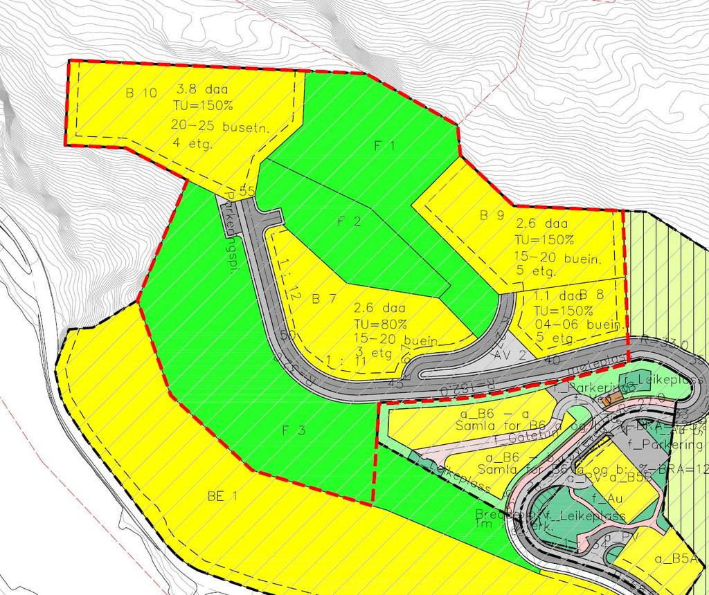 Nordplan side 3 av 8 Figur 3: Kartutsnitt av gjeldande reguleringsplan «Falkenstein» og «Falkenstein B6», med ny detaljreguleringsplangrense markert med raud stipla linje.