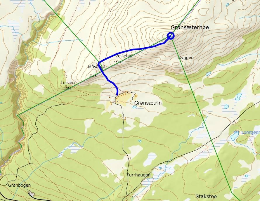 Kart 1: Anbefalt turrute opp til toppen på Grønseterhøe. I søknaden går det fram at Dovre kommune hvert år har rundt 20 Fysak-turmål som flyttes / skifter om høsten før vinteren starter.