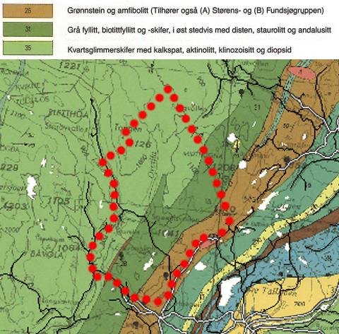 Figur 6. Berggrunnskart over kartleggingsområdet (http://www.ngu.no). Lausmassar har jamn dekning i området. Det meste er veldig finkorna morenemateriale.