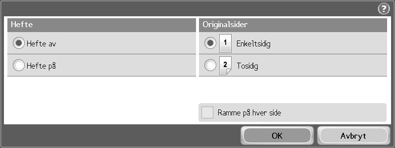 123 Lage et hefte Legg originalen med forsiden ned i dokumentmateren. Trinn 4 Velg Hefteformat. Bruk talltastaturet til å endre antall kopier. Velg Kopier. Trinn 5 Velg Hefte på.