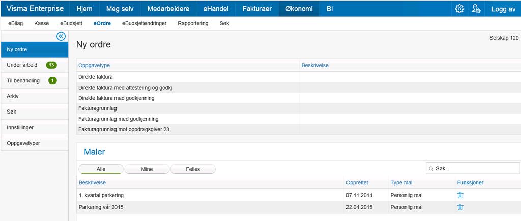 EORDRE MODULEN Hovedbilde eordre eordre ligger i egen fane på Enterprise oppstartssiden. Denne fanen er kalt Økonomi.