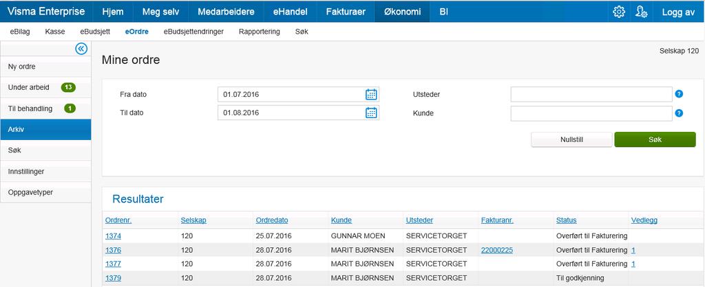 Øverst i bildet kan du sette begrensninger i forhold til hvor mye data du ønsker å få presentert. Standard forslag er ordre som er registrert de siste 30 døgn.