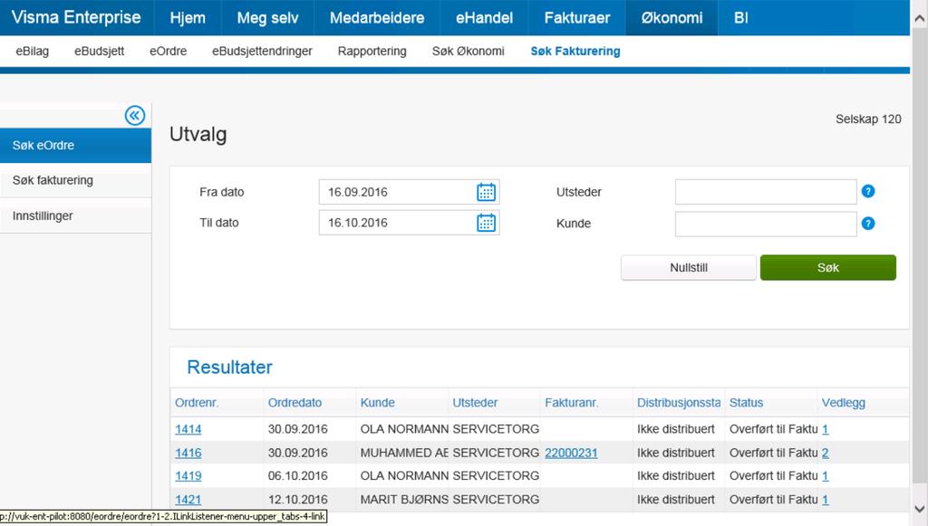 Søk Faktura Fanen Søk er flyttet til fane Søk fakturering. Her kan du hente opp alle eordre som er produsert i web, under de oppdragsgivere du har tilgang til.