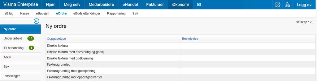 Dersom du vil bytte selskap kan du gjøre det i dette bildet ved å trykke på nedtrekksmenyen på Innlogget selskap, søke frem selskap og endre.