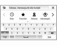 Du kan angi et søkeord direkte, f.eks. adresse, interessepunkt-kategori eller navn, telefonkontakt, favoritt, siste reisemål eller koordinater i registreringsfeltet øverst i skjermbildet med søkemeny.