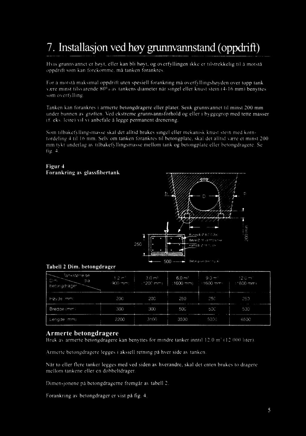 Tanken kan forankres i armerte betongdragere eller plater Senk grunnvannet til minst 200 mm under bunnen av grøften Ved ekstreme grunnvannsforhold og/eller i byggegrop med tette masser (f eks leire)