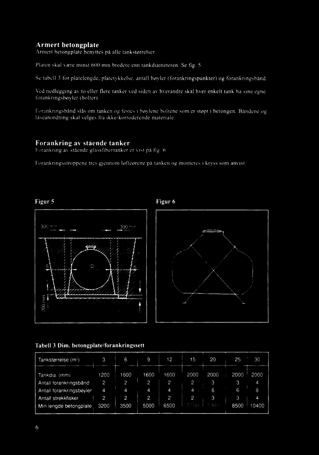 Armert betongplate Armert betongplate benyttes på alle tankstørrelser 200 min Platen skal være minst 600 mm bredere enn tankdiameteren Se flg 5 Se tabell 3 for platelengde platetykkelse antall bøyler