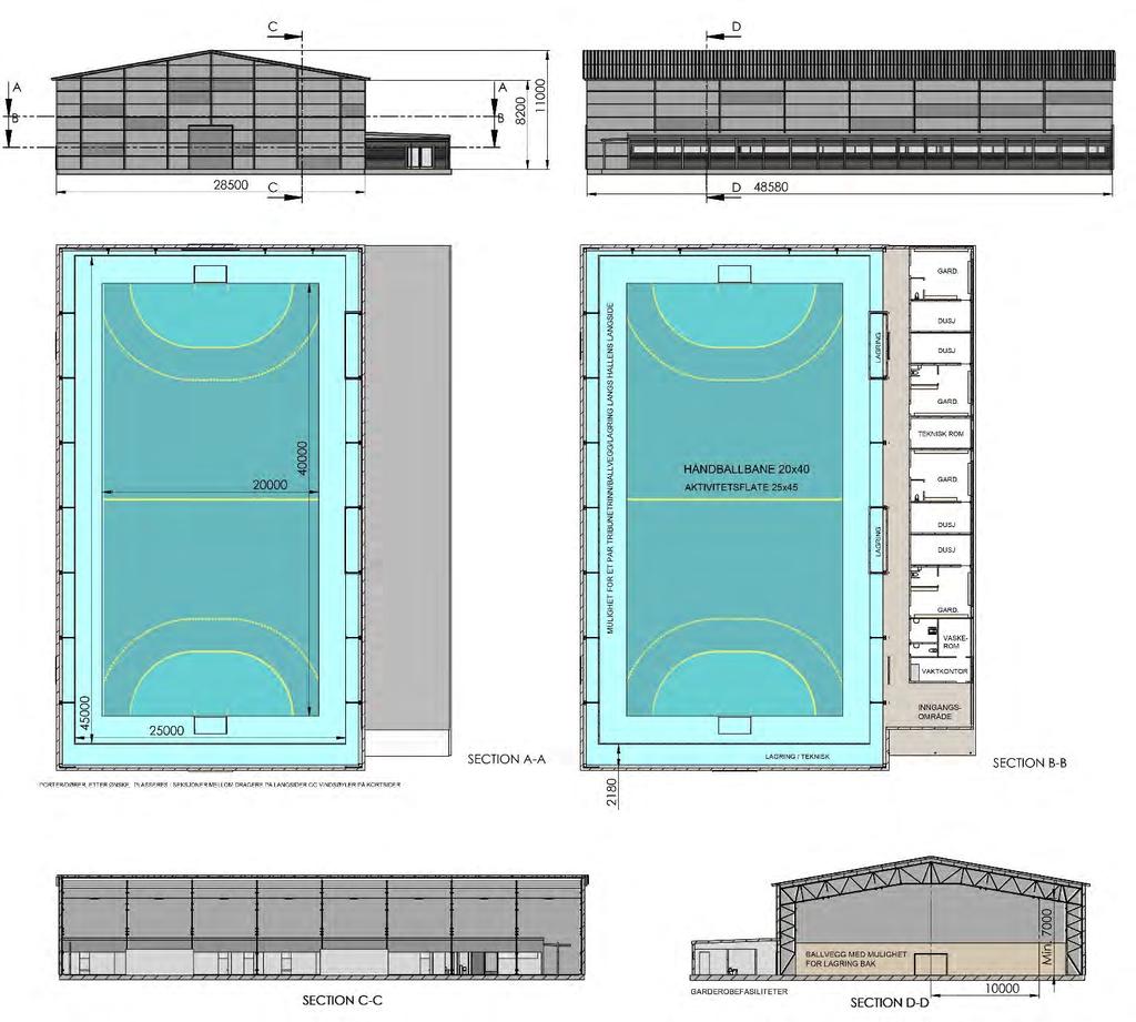 Norges Håndballforbund Treningshall 18.05.2015 Hallkonseptet er meget fleksibelt, og ulike hallstørrelser / sidebygg kan utformes etter behov fra byggherren.