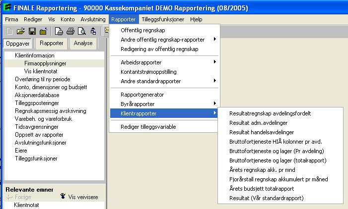 Kap. 4 Utskrift av rapporter Side 19 Her ser du en oversikt over menyen når det finnes byrårapporter tilgjengelig for