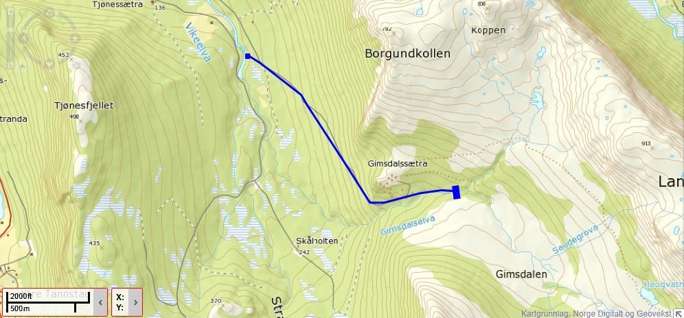5 Planlagd kraftstasjon Røyrgate Inntak Figur 3. Kartutsnittet viser i grove trekk dei viktigaste naturinngrepa i form av inntak, røyrgate og kraftstasjon.