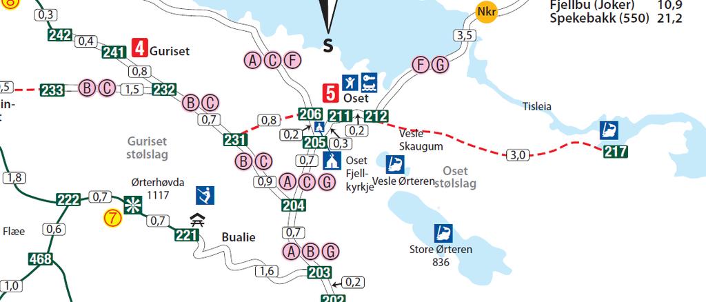 Privat detaljregulering Oset hyttefelt 11 Bilde 7. Utsnitt av sti- og løypenett sommer. Planområdet er plassert nord for den røde stipla linje som går til fiskeplass med Tisleia (Nr. 217).