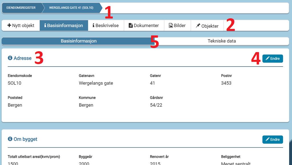 10 KAPITTEL 1. BRUKERMANUAL Figur 1.13: Viser basisinformasjon for en eiendom.