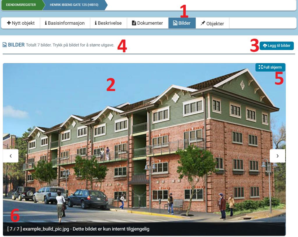 1.3. EIENDOMSREGISTER 15 (a) Når det er ingen bilder, vises denne meldingen (b) Viser bildegalleri for en eiendom Figur 1.22 Eiendomsdetaljer - Bildegalleri - legg til bilder 1. 2. 3. 4.