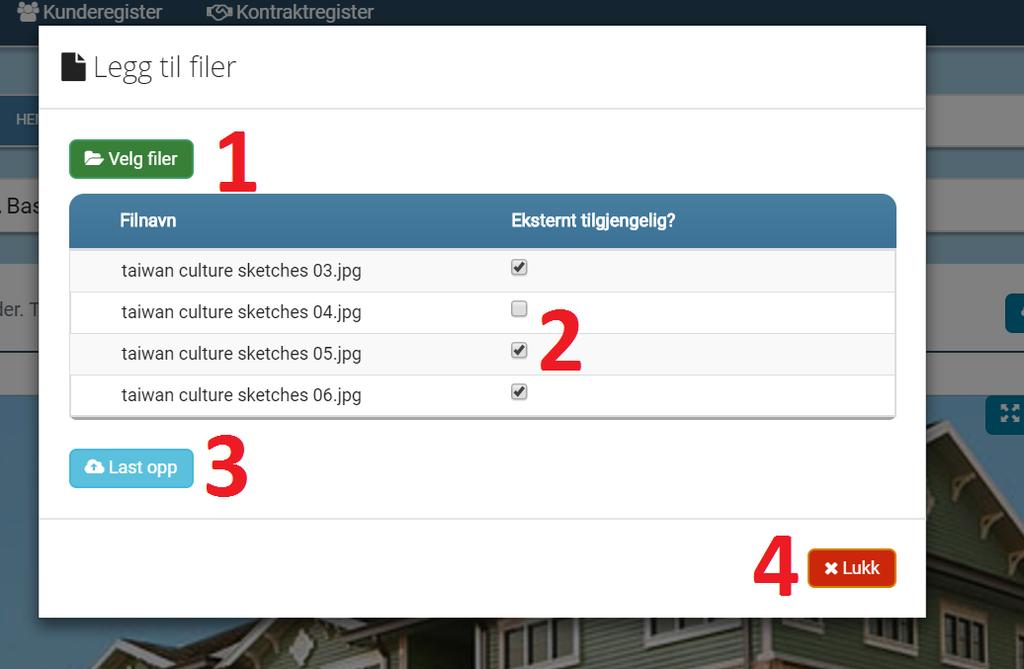 16 KAPITTEL 1. BRUKERMANUAL Figur 1.23: Legg til bilder for en eiendom Eiendomsdetaljer - Objekt - oversikt 1. Velg objekter i lokal meny. Se figur 1.24 2. Opprett nytt objekt under valgt eiendom. 3.