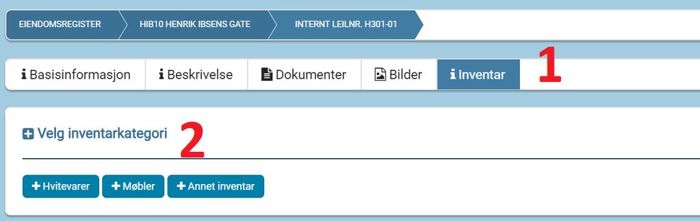 20 KAPITTEL 1. BRUKERMANUAL 3. For å enkelt vise hvilken eiendom objektet tilhører, vises adressen sammen med eiendomskoden. Eiendomskode og adresse vises også i Breadcrumb. 4.