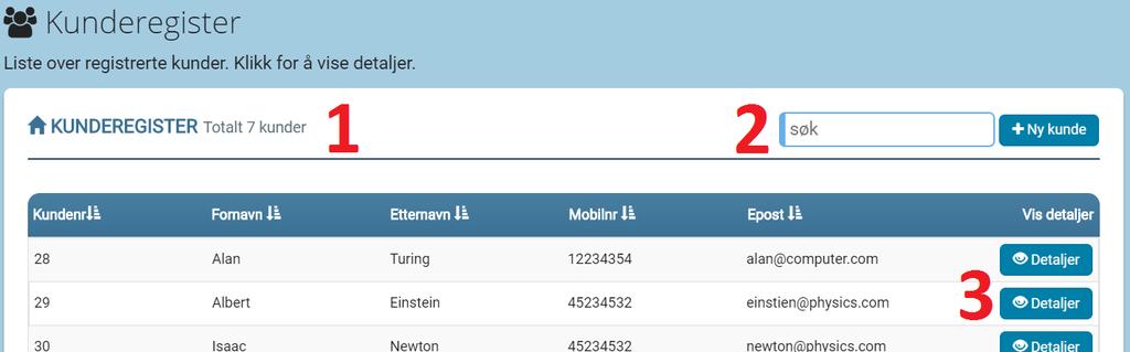 28 KAPITTEL 1. BRUKERMANUAL 1.4.3 Kunderegister - kundedetaljer Kundedetaljer - steg 1 1. Antall kunder i systemet. Se figur 1.40 2. Fritekstsøk søk etter kunde 3.