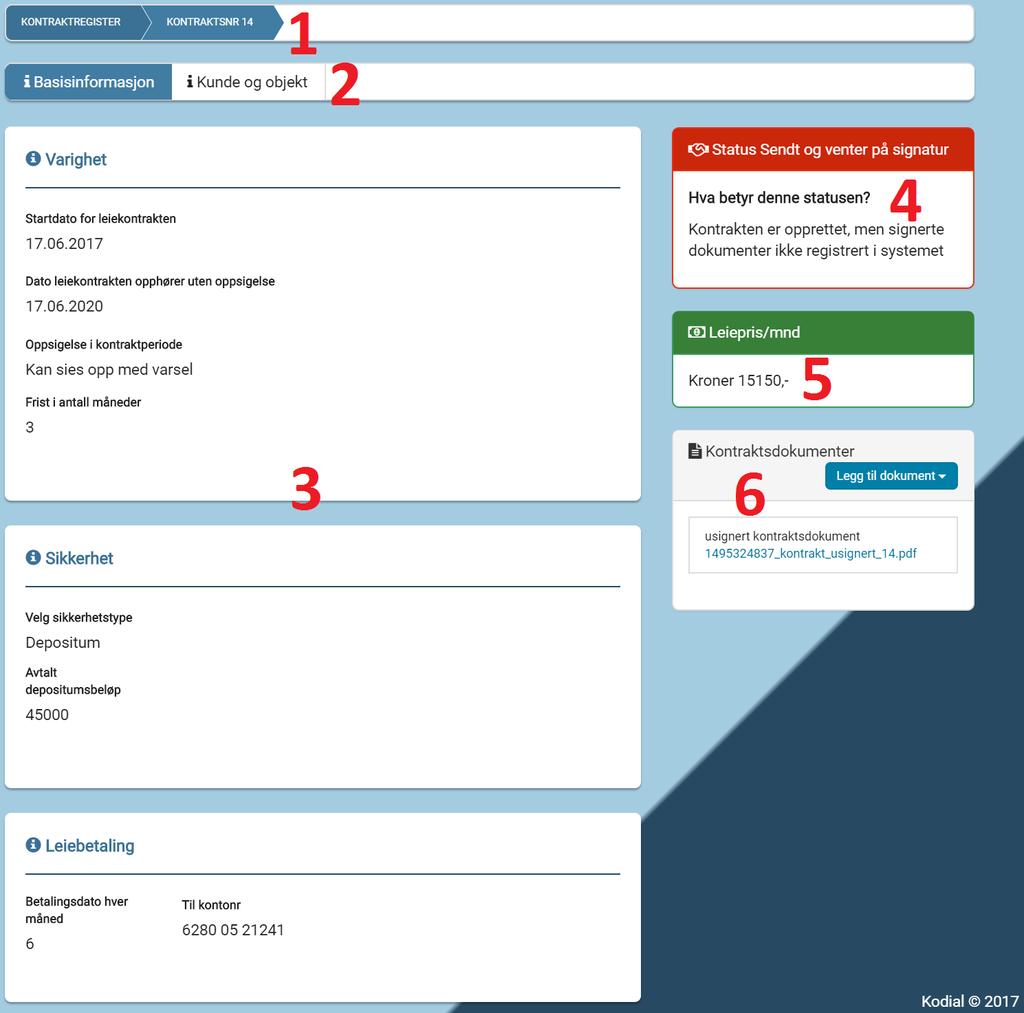 36 KAPITTEL 1. BRUKERMANUAL 1. Antall registrerte kontrakter. Se figur 1.51 2. Fritekstsøk 3. Detaljer velg for å se detaljer på ønsket kontrakt. Kontraktregister - Detaljer - basisinformasjon 1.