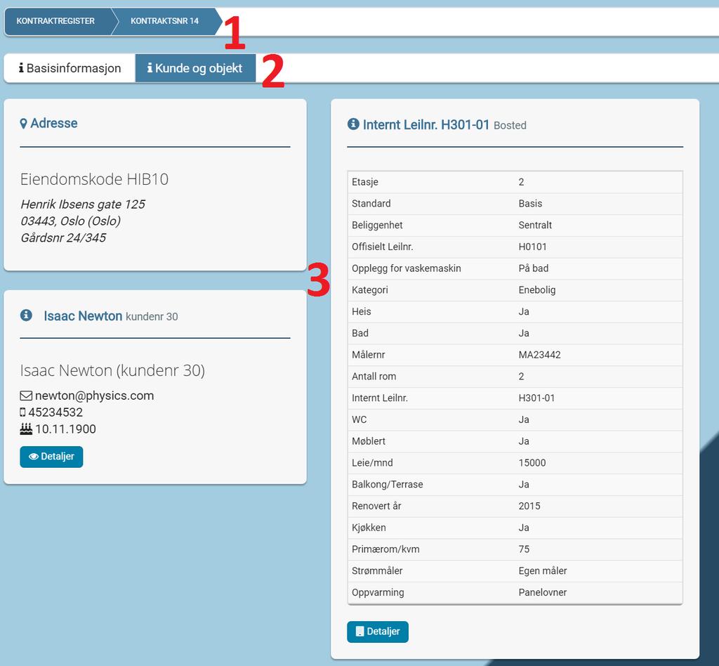 1.6. ENDRINGSLOGG 37 Kontraktregister - Detaljer - kunde og objekt 1. Breadecrumb forteller hvor brukeren befinner seg. Se figur 1.53 2. Kunde og objekt lokal navigasjon 3.