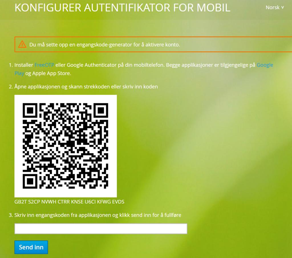 1.3. EIENDOMSREGISTER 5 Figur 1.3: Ved førstegangsinnlogging, må bruker skanne den viste koden i sin Google Authenticator-mobilapp.