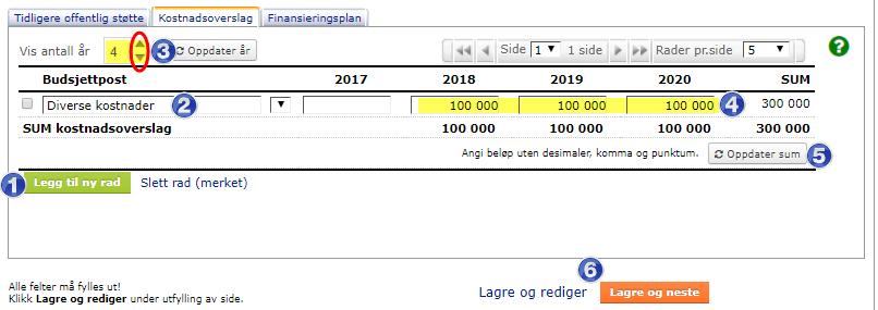 Eksempel der man ønsker å legge inn kostnadstall for 2018-2020 istedenfor 2017-2019. 1. Legg til ny rad (Gjenta for å få så mange rader dere trenger) 2. Gi budsjettposten(e) et beskrivende navn. 3.