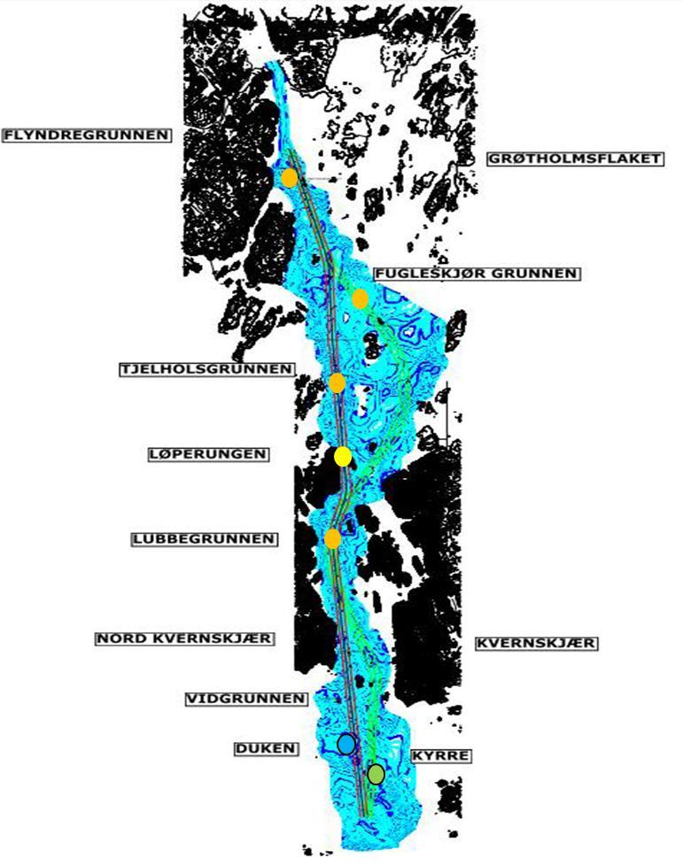 Figur 7. Markering av forurensningsgrad i overflatesedimenter ved grunnene hvor seilingsdypet skal økes i Kystverkets prosjekt Borg 2.