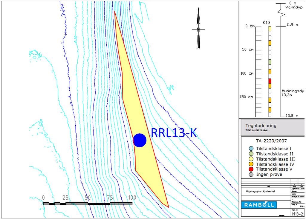 Figur 11. Tiltaksområdet på Grøtholmsflaket, venstre figur med markering av dårligst forekommende tilstandsklasse for miljøkvalitet i overflatesedimentene (basert på grabbprøver).