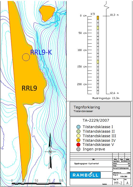 Figur 14. Tiltaksområdet på Tjelholsgrunnen, venstre figur med markering av dårligst forekommende tilstandsklasse for miljøkvalitet i overflatesedimentene (basert på grabbprøver).