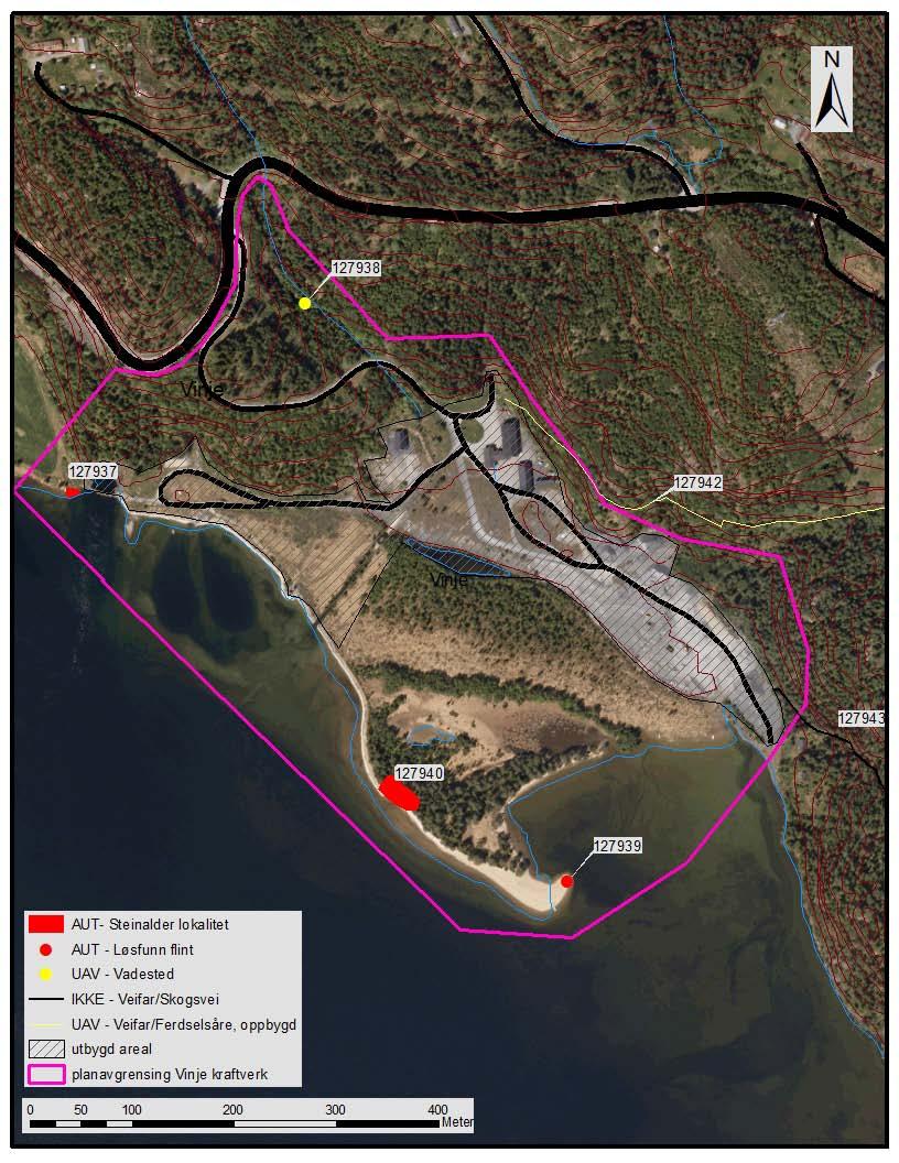 AUTOMATISK FREDETE KULTURMINNER Under registreringen ble det gjort funn av to steinalderlokaliteter (ID 127937 og ID127940), samt et løsfunn av flint (ID 127939).