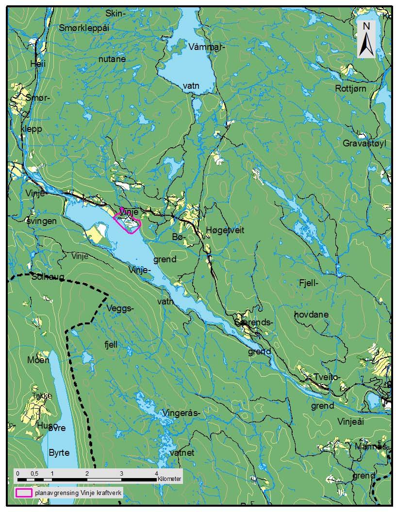 Området Vinje Kraftverk ligger på østsiden av Vinjevatn i Vinje kommune i Vest-Telemark. Planområdet stekker seg fra Europavei 134 i vest og skrår nedover mot Vinjevatn i øst og sør.