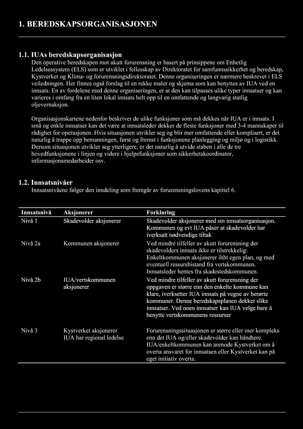 1. BEREDSKAPSORGANISASJONEN 1.1. IUAs beredskapsorganisasjon Den operative beredskapen mot akutt forurensning er basert på prinsippene om Enhetlig Ledelsessystem (ELS) som er utviklet i fellesskap av