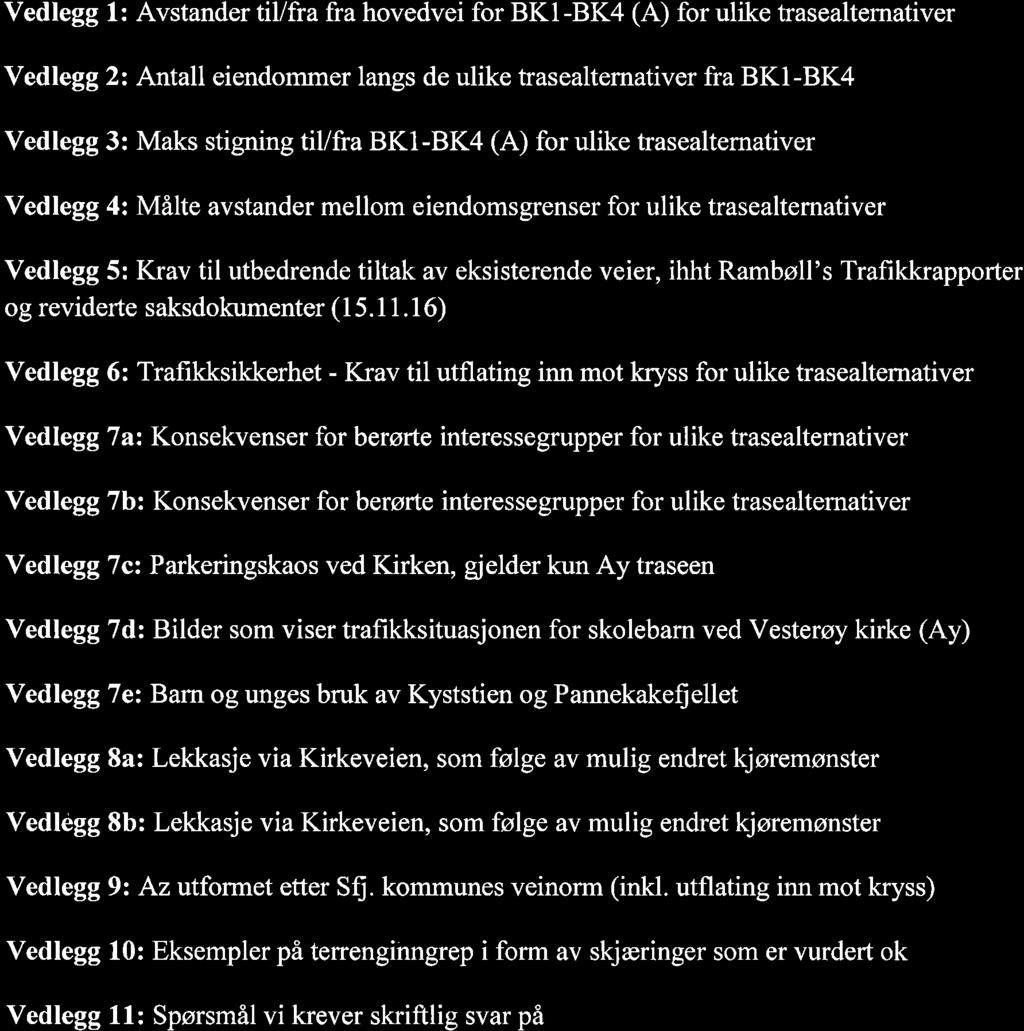 Vedleggs oversikt: Vedlegg 1: Avstander til/fra fra hovedvei for BKl -BK4 (A) for ulike trasealternativer Vedlegg 2: Antall eiendommer langs de ulike trasealtemativer fra BKl-BK4 Vedlegg 3: Maks