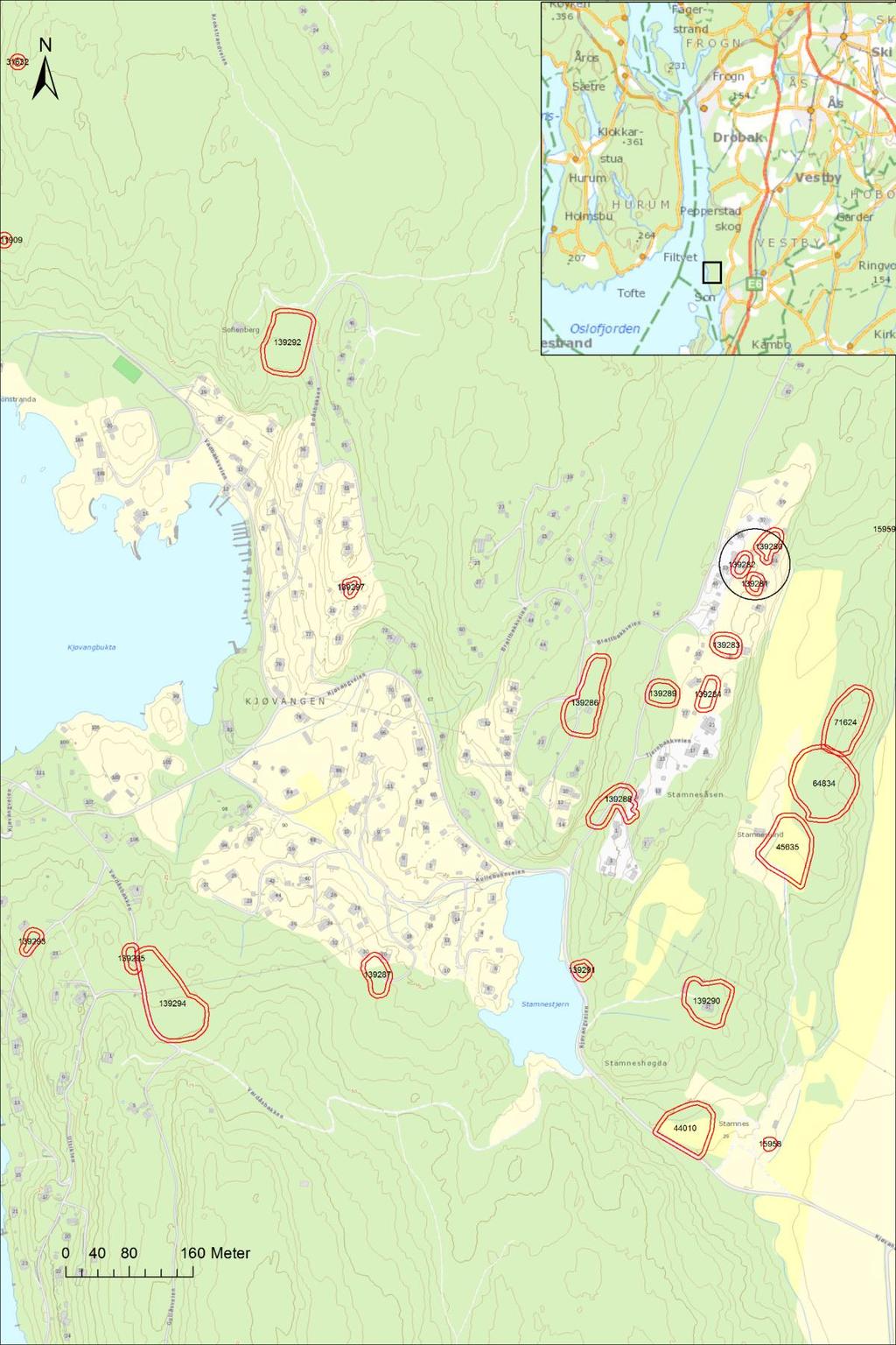 Kart 1: Kart over Kjøvangen med alle lokalitetene og