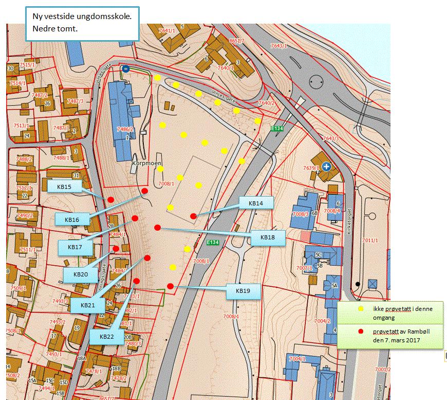 Figur 4: Prøvetakingsplan for tiltaksområdet på Kongsberg Vestsiden ungdomsskole er vist på kartet.