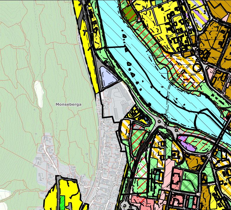 kommuneplan Reguleringsplan Figur 5 Figurer fra kommuneplan (bildet til venstre) og reguleringsplan (bildet til høyre) viser et utsnitt fra kommunal- og reguleringsplankart for tiltaksområdet og de