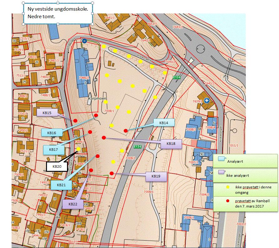 Figur 12 Figuren viser en oppdatert prøvetakingsplan på nedre tomt etter feltarbeid utført av Rambøll den 7. mars 2017. Etter avtale med kunden ble det prøvetatt i 22 borehull.