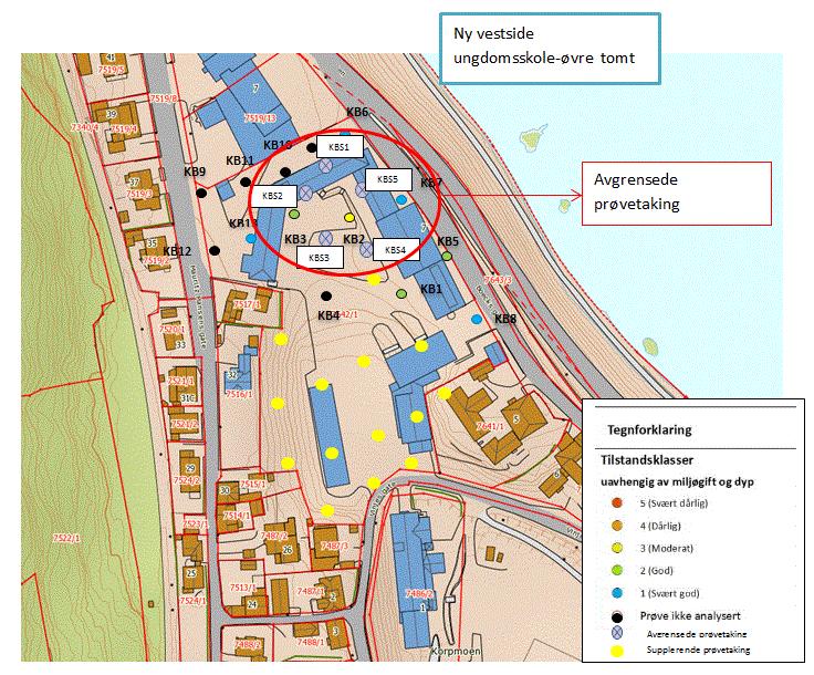 Figur 15 Prøvepunktene fra den innledende miljøtekniske grunnundersøkelsen og planlagte avgrensende prøvetakingspunkter.